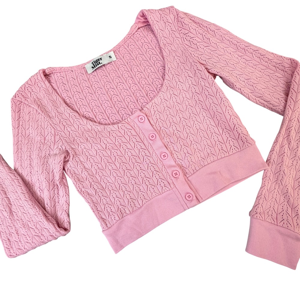 Tiger Mist Pink Pointelle Knit Cropped Cardigan Long Sleeve Scoop Neck Small